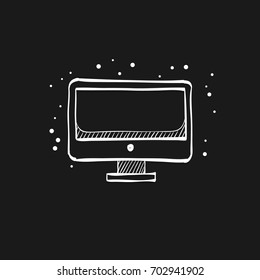 Desktop computer icon in doodle sketch lines. Electronic office monitor