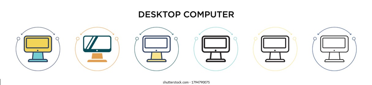 Desktop computer icon in filled, thin line, outline and stroke style. Vector illustration of two colored and black desktop computer vector icons designs can be used for mobile, ui, web