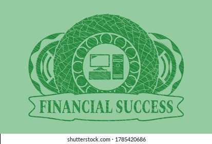 desktop computer icon and Financial Success text Green stroke emblem. Eco luxurious background. Intense illustration. 