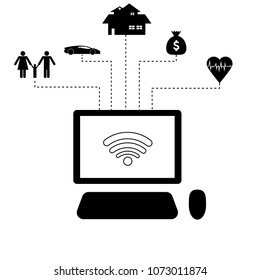 Desktop computer icon with icons of House, Car, Money, Family, Healthy. Graph of Life needs.