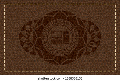 desktop computer icon inside brown leather realistic emblem. Wallet fancy background. Artistic illustration. 