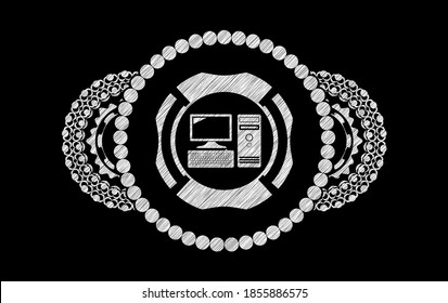 desktop computer icon inside chalk badge. Chalkboard graceful background. Illustration. 