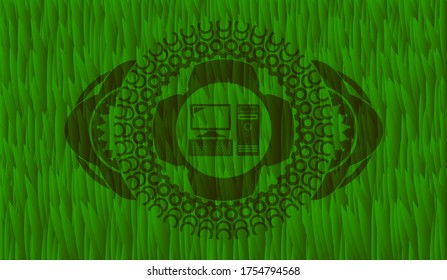 desktop computer icon inside green turf grass badge. Eco delicate background. Intense illustration. 