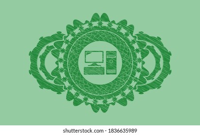 desktop computer icon inside Green stroke badge. Eco luxurious background. Vector illustration. 