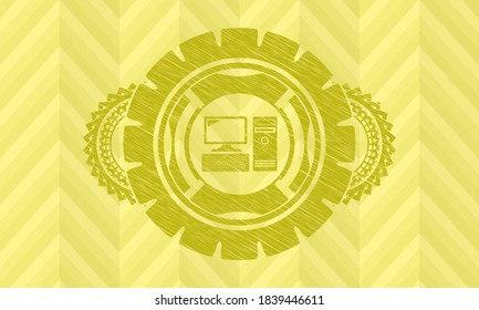 desktop computer icon inside Yellow stroke realistic badge. Lemon graceful background. Illustration. 