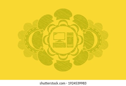 desktop computer icon inside Yellow stroke realistic badge. Lemon graceful background. Intense illustration. 