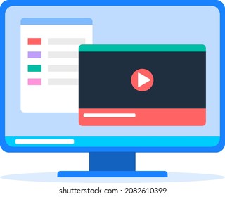 Desktop-Computer-Symbol einzeln auf weißem Hintergrund. Ein blaues Bildschirm-Symbol mit einem Bildschirmschoner für den Player. Vektorgrafik, Cartoon-Illustration. Vektorgrafik.