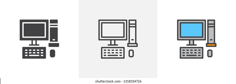 Desktop computer icon. Line, glyph and filled outline colorful version, Pc computer with monitor, keyboard and mouse outline and filled vector sign. Symbol logo illustration. Different style icons set