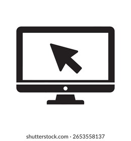Desktop computer icon with monitor and cursor for website browsing and software application user interface for personal computing and office work vector solid glyph icon