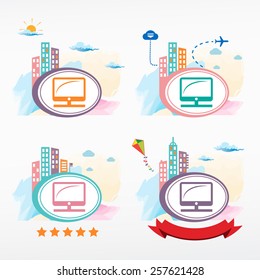 Desktop computer icon on city background. Cityscape illustration set.   