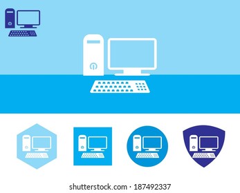 desktop computer icon on colorful background with 4 shapes buttons. Eps-10.
