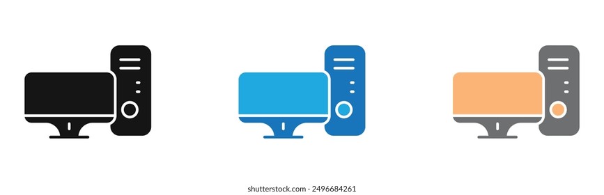 Colección de contorno de icono de computadora de escritorio o conjunto en blanco y negro
