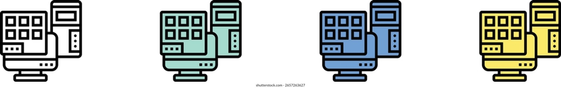 desktop computer icon. Outline, Green, Blue and Yellow Style Design Isolated On White Background
