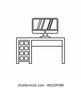 Desktop with computer icon in outline style on a white background vector illustration