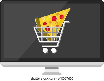 Desktop Computer Icon with Pizza slice in a shopping cart icon on the screen. illustration of online shopping, Order fast food, Sale concept 
