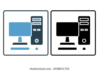 Desktop-Computersymbol. Computerbezogenes Symbol. Geeignet für Website, App, Benutzeroberflächen, druckbare usw. Solid-Icon-Stil. Einfaches Vektorgrafik-Design bearbeitbar
