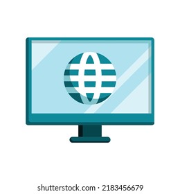 Desktop computer icon with screen and globe for browse internet. Draw in colorful flat style