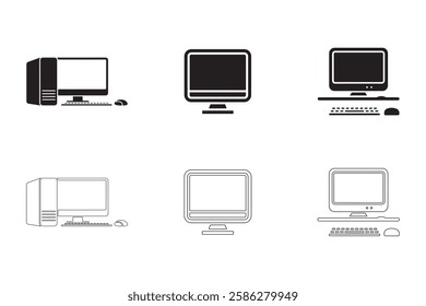 Desktop computer icons set simple clean and smooth lines and fill vector icons in black on a white background.
