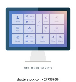 Desktop computer with interface elements on blurred background.