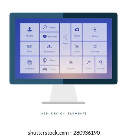 Desktop computer with interface elements on blurred background.