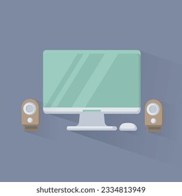 Desktop computer isolated display icon and speakers on gray background