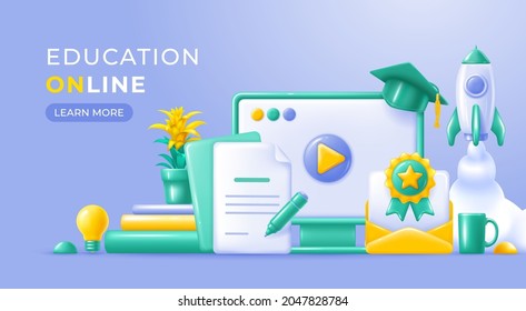 Desktop-Computer und Artikel auf dem Desktop zu Hause. Rocket als Konzept des erfolgreichen Start-Learning-Projekt, Bildung online, kreative Idee. 3D minimalistischer Stil. Vektorgrafik.