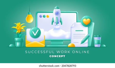 Desktop computer and items on the desktop at home or in the office. Rocket as concept of successful launching business project, work online, creative idea. 3d minimalist style. Vector illustration.