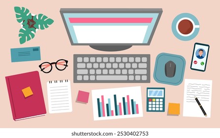 Desktop computer, keyboard, documents, letter, phone, plant, notebook, coffee, calculator. Office desk top view. Workplace background vector illustration.