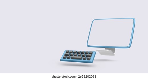 Desktop Computer With Keyboard In Minimal 3D Style. Modern Technology And Digital Workspace For Office, Education, Or Coding Projects. Vector Illustration
