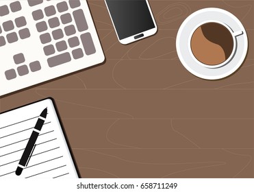 Desktop, computer, keyboard, notebook, phone, pen and coffee cup
