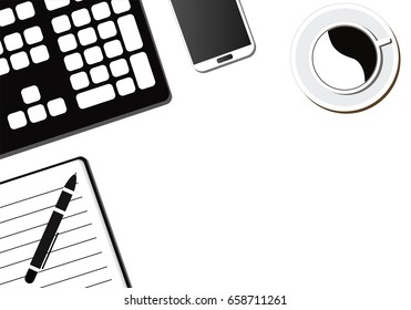 Desktop, computer, keyboard, notebook, phone, pen and coffee cup