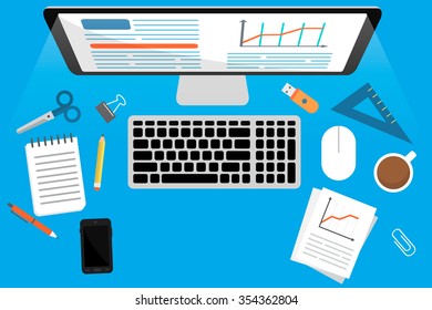 Desktop with a computer keyboard, telephone, office items.