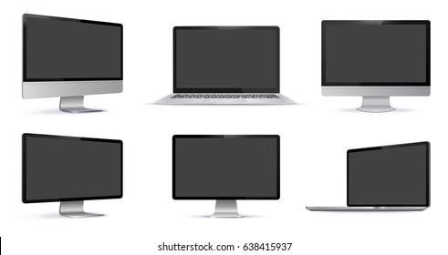 Desktop Computer and Laptop Blank Screens Vector Illustration Set With Different Views.

