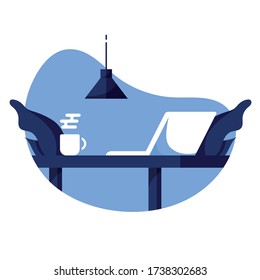 
Escritorio con computadora, laptop. Una taza de té, café, con vapor. Lámpara, lámpara colgada en el techo. Oficina en casa. Con fondo. Blanco y azul. Eps 10