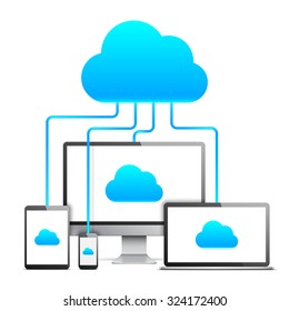 Desktop computer, laptop, tablet and mobile phone connected together by cloud technology