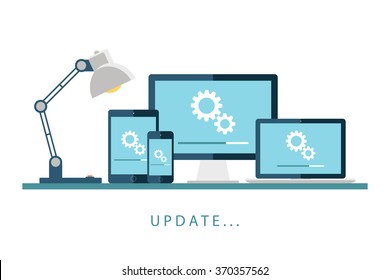 Desktop Computer, Laptop, Tablet And Smartphone With Update Screen. Update Process. Install New Software, Operating System, Update Support. Vector Illustration.