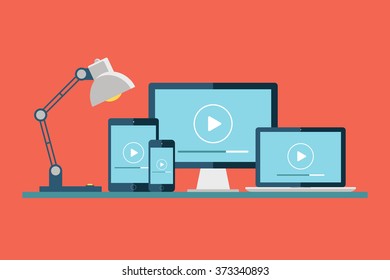 Desktop Computer, Laptop, Tablet And Smartphone With Play Button On The Screen. Play Icon. Video Player. Media Player. Vector Illustration.