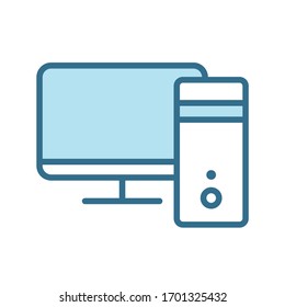Desktop computer lineal blue icon isolated on white. Computer color vector illustration. Smart device technology flat vector icon with blue stroke for web and mobile apps, ui design. Smart technology