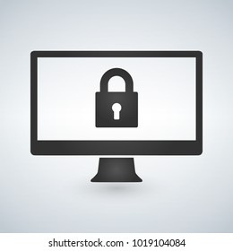 Desktop computer and lock on screen. Computer security, password, privacy, confidential information protection concepts. Vector illustration.