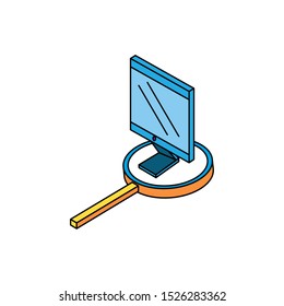 desktop computer with magnifying glass vector illustration design