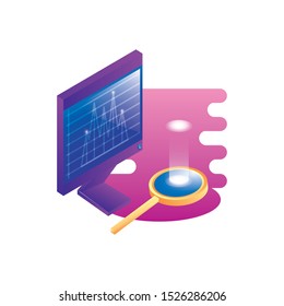 desktop computer with magnifying glass vector illustration design