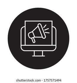 desktop computer with megaphone block and line style icon vector illustration design