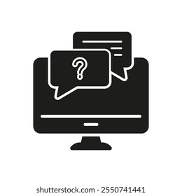 Desktop Computer with Message Speech Bubbles Silhouette Icon. Online Support Glyph Symbol. Help, Communication and Assistance. Isolated Vector Illustration.