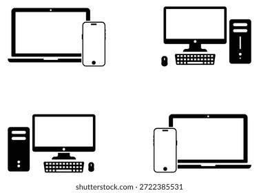 Iconos de computadora de escritorio y dispositivo móvil que muestran símbolos de computadora portátil, monitor, CPU de torre, teclado, mouse y teléfono inteligente.