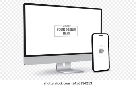 Desktop Computer and Mobile Phone Screen Perspective View Mockup. Digital devices template vector illustration with transparent background.