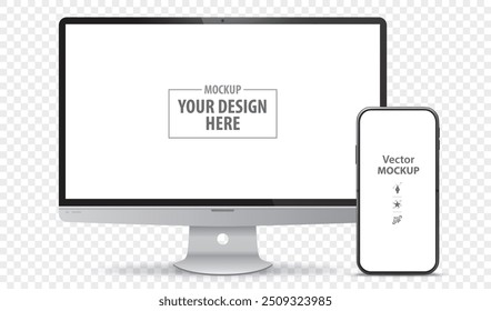 Computador desktop e tela do telefone celular Montagem da visão frontal. Ilustração vetorial de modelo de dispositivos digitais com fundo transparente.