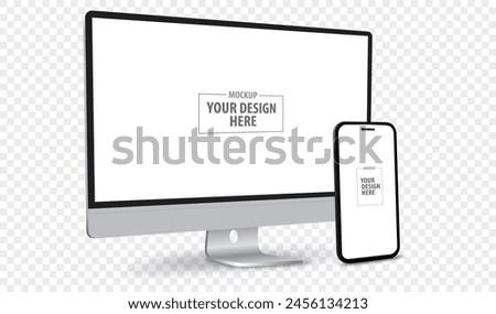 Desktop Computer and Mobile Phone Screen Perspective View Mockup. Digital devices template vector illustration with transparent background.