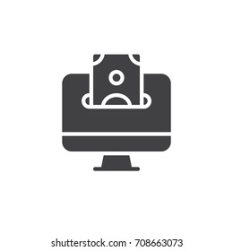 Desktop computer and money bill icon vector, filled flat sign, solid pictogram isolated on white. Online money symbol, logo illustration. Pixel perfect vector graphics