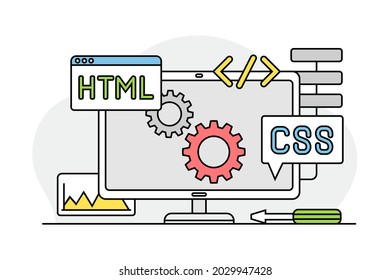 Desktop Computer Monitor with Coding as Programmed Machine for Operation Vector Illustration