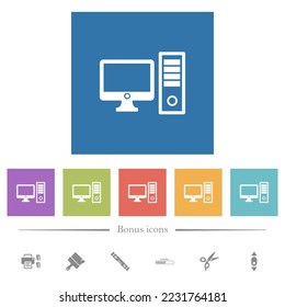 Desktop computer with monitor flat white icons in square backgrounds. 6 bonus icons included.